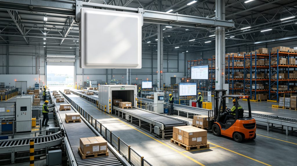 Cykeo RFID reader automatically identifying RFID-tagged pallets in a European warehouse