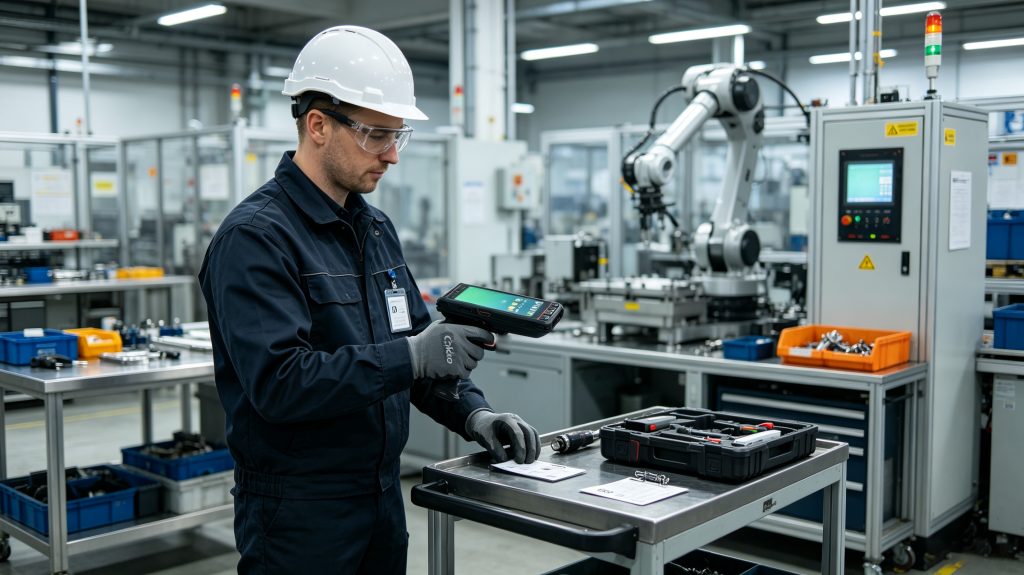 Cykeo RFID handheld reader scanning employee RFID badge and assigned tool