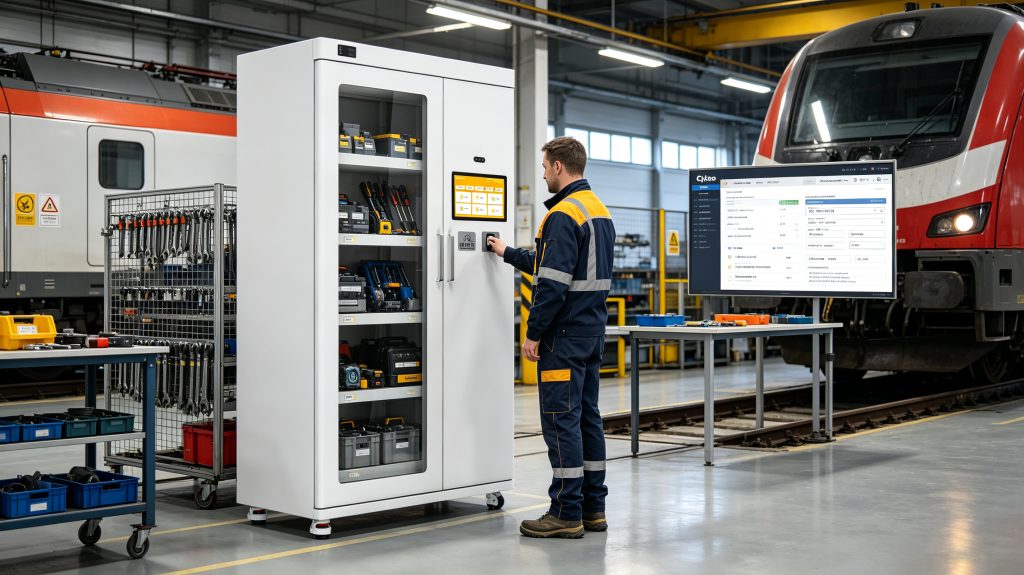 Cykeo RFID tool cabinet managing tagged industrial tools in a European maintenance facility