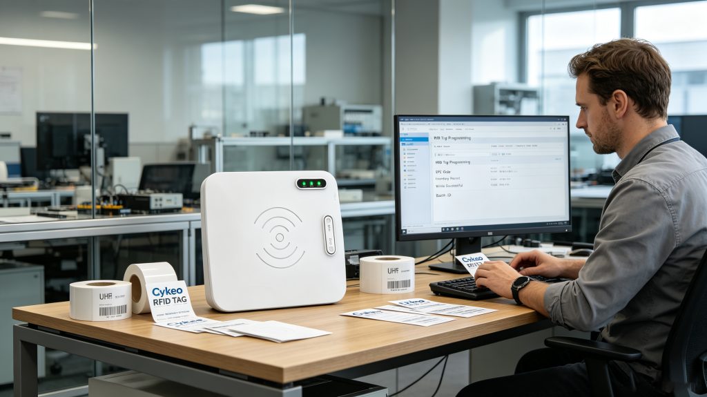 Cykeo RFID workstation programming UHF RFID tags with EPC data in a modern European office environment
