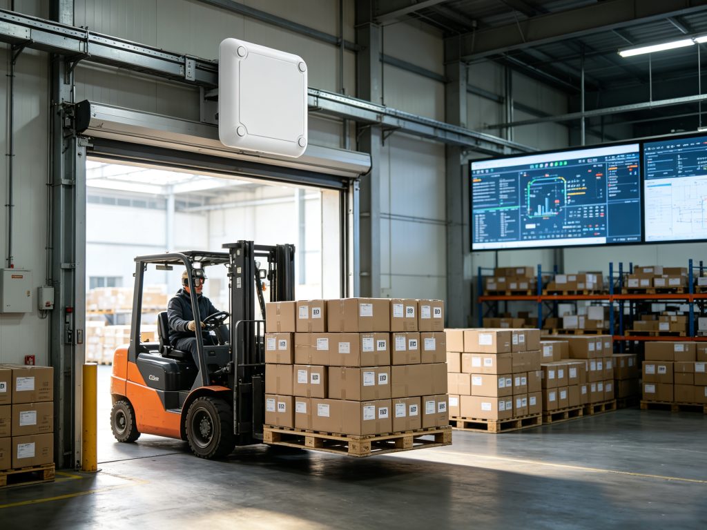 RFID for Material Handling: How Smart RFID Systems Improve Material Flow and Warehouse Efficiency 1 Cykeo RFID reader identifying pallets entering warehouse