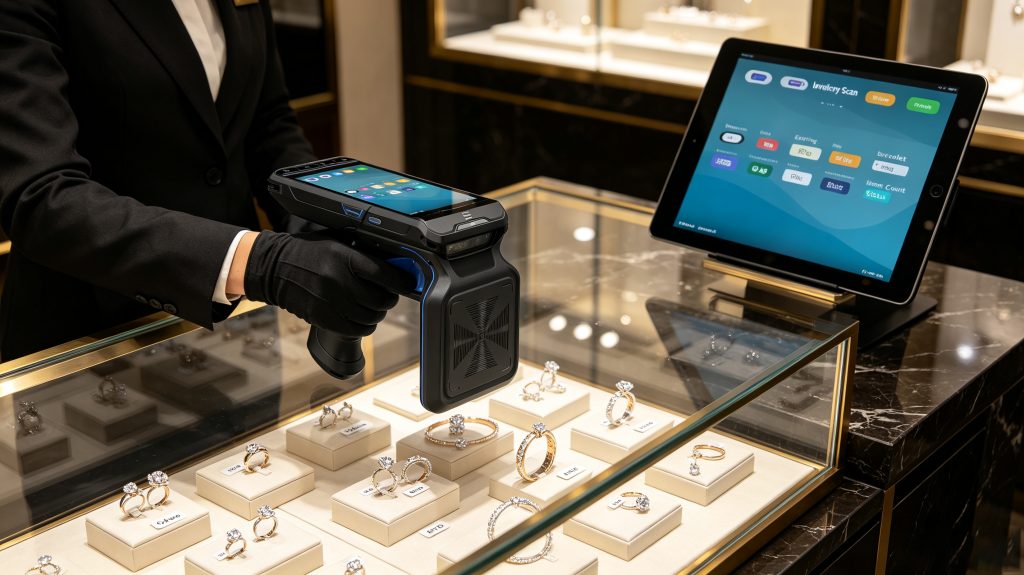 Cykeo RFID jewellery tags being scanned inside a luxury jewelry store