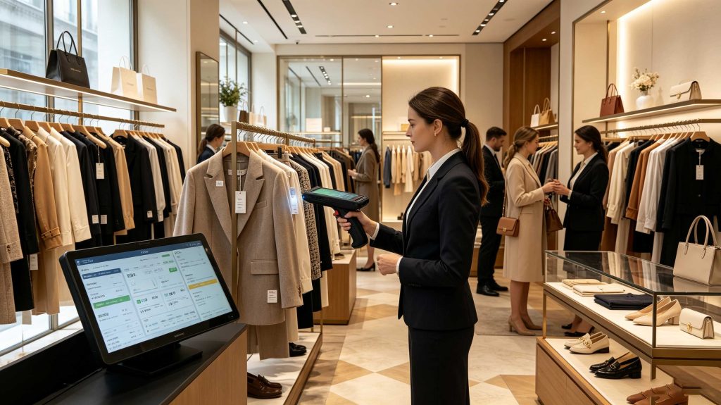 Retail employee using RFID reader to track clothing inventory in a European fashion store