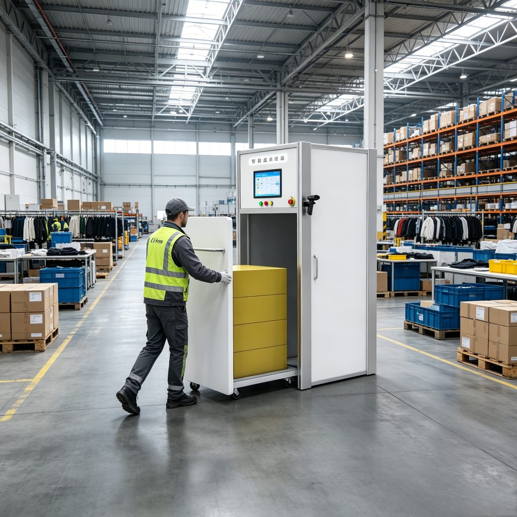 Cykeo UHF RFID inventory terminal reading multiple tagged products on a warehouse cart