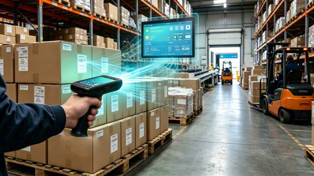 Warehouse pallets equipped with UHF RFID tag labels being scanned in a European logistics center