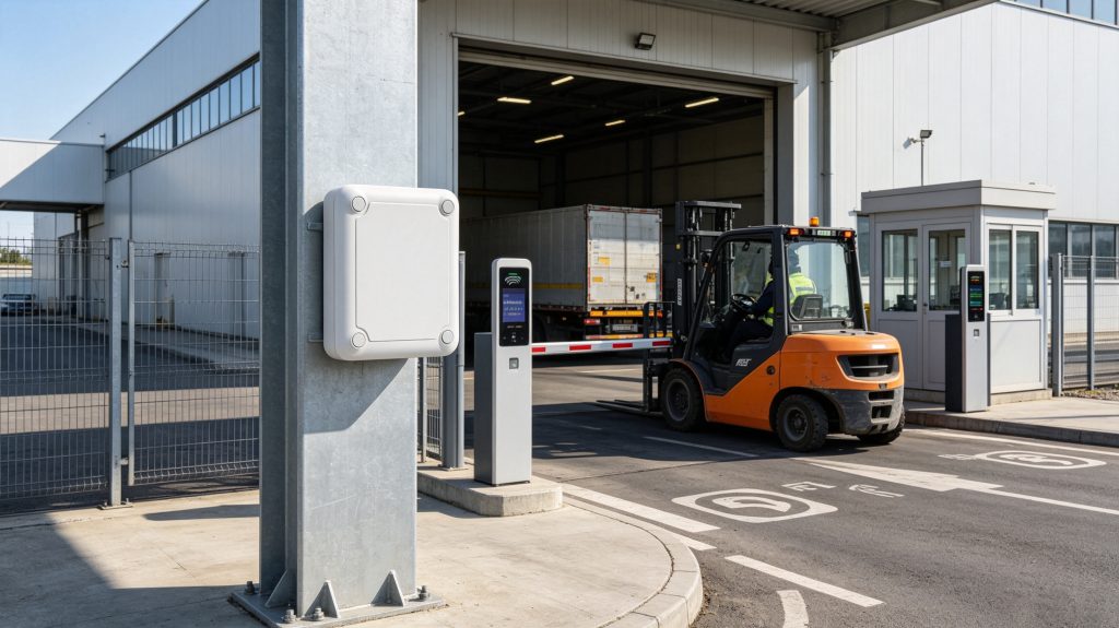 Cykeo long reader mounted at a European manufacturing facility for automatic RFID identification