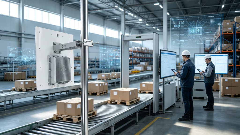 RFID tags being tracked through Cykeo RFID readers in a European warehouse environment