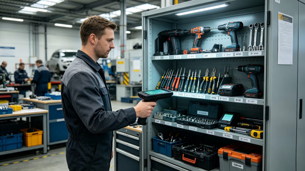 UHF RFID Scanner: How Does It Improve Industrial Asset Tracking and Inventory Accuracy? 2 Cykeo handheld UHF RFID scanner locating RFID-tagged power tools inside an industrial maintenance workshop