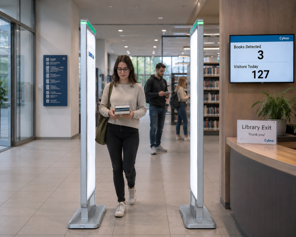 Cykeo UHF RFID access gate detecting multiple RFID-tagged books at a European library entrance