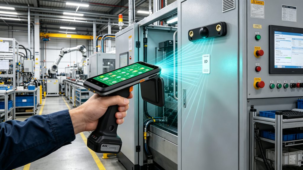 What Does RFID Tag Look Like? A Complete Guide to RFID Tag Types and Real-World Applications 2 Cykeo anti-metal RFID tag attached to industrial machinery in a European manufacturing facility