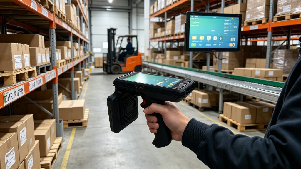 UHF RFID Scanner: How Does It Improve Industrial Asset Tracking and Inventory Accuracy? 1 Cykeo UHF RFID scanner reading tagged warehouse pallets in a European distribution center