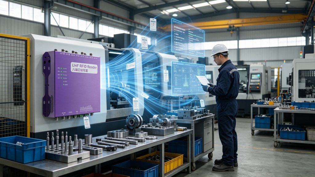 RFID tags attached to industrial equipment for automated manufacturing asset identification