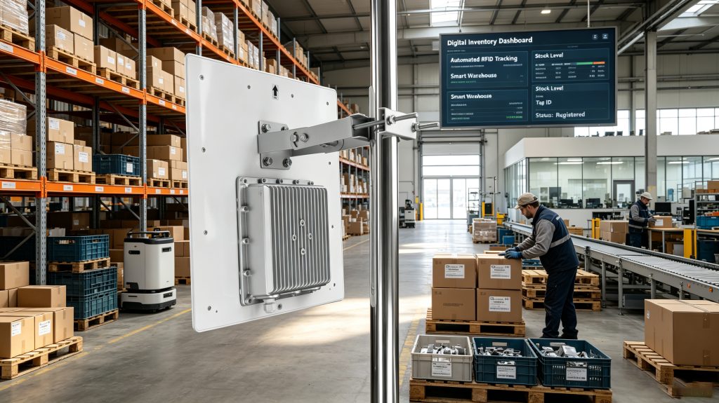 RFID chip communicating with an RFID reader during automated inventory tracking in a European warehouse