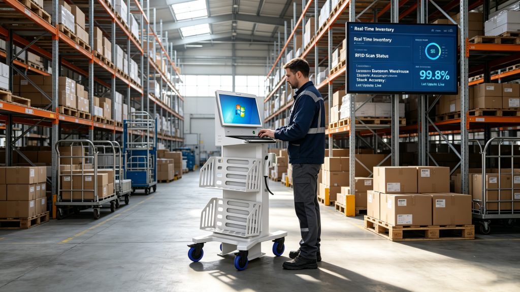 What Is RFID Technology and How It Transforms Modern Identification Systems 2 RFID technology workflow showing RFID tags readers and real-time inventory tracking in a smart warehouse
