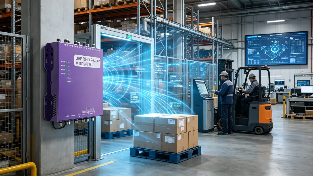 Industrial warehouse using RFID readers for automated asset tracking and inventory management
