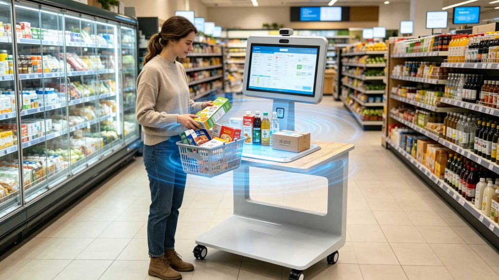 Customer using RFID self-service checkout platform with multiple tagged products in a European retail store