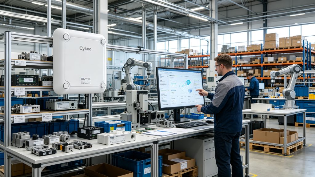 Cykeo RFID reader scanning RFID tagged products with embedded RFID chips in a European smart factory