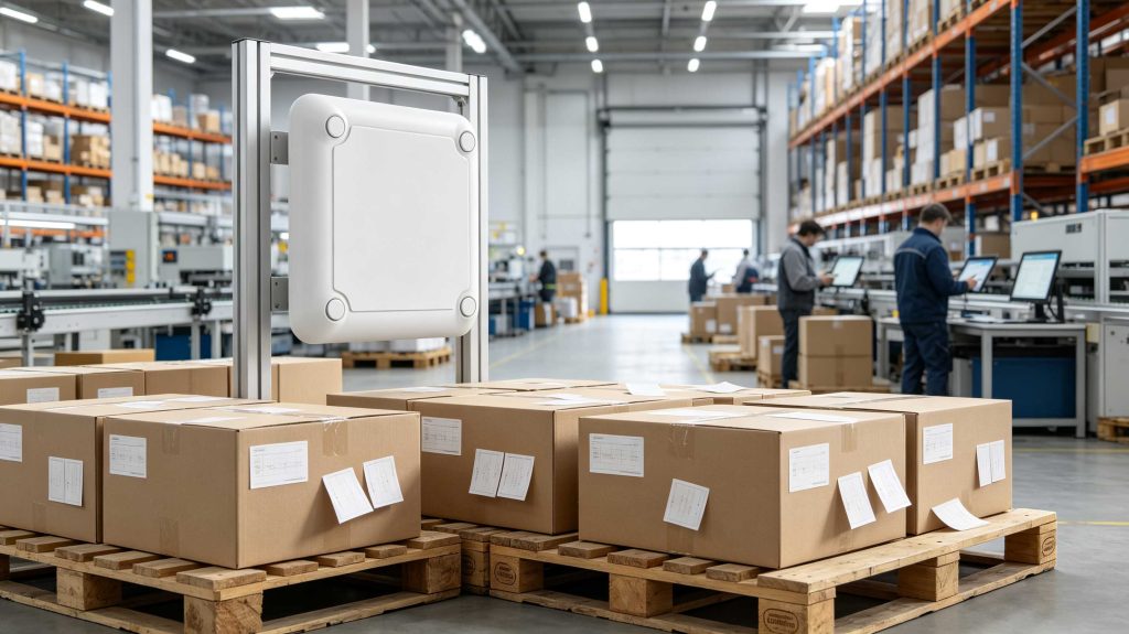 What Does RFID Tag Look Like: RFID Tag Shapes, Sizes, and Real Applications 1 Cykeo UHF RFID sticker tags attached to warehouse products for inventory tracking