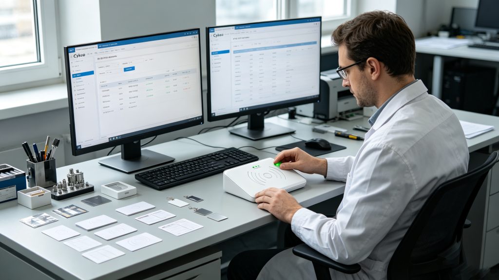 How Do RFID Chips Work? A Complete Guide to RFID Chip Communication Technology 2 Cykeo RFID desktop reader writing RFID chips and tags in an enterprise workspace