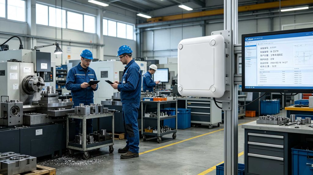 What Is RFID Mean: Understanding RFID Technology and Its Applications 2 Cykeo RFID system identifying industrial tools and equipment in a manufacturing environment