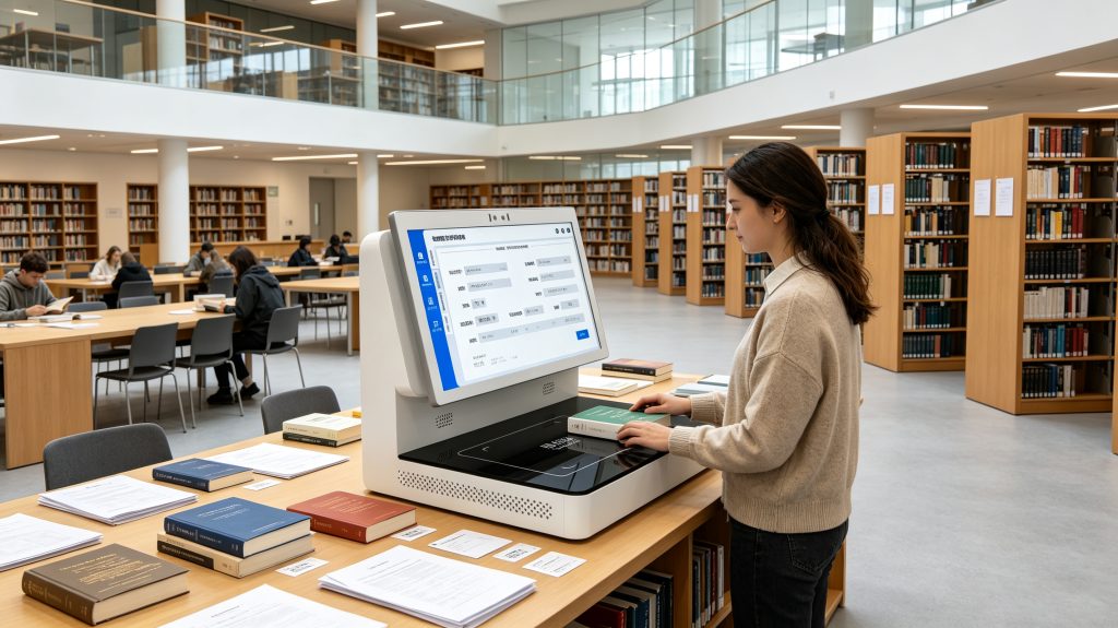 Cykeo RFID workstation reading RFID chip tags on library books in a European library