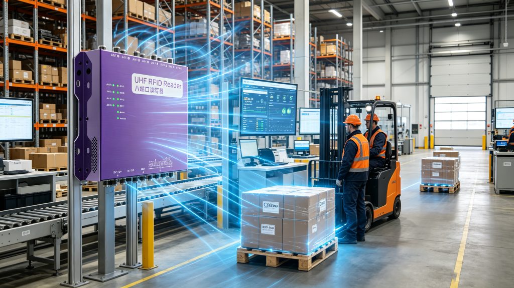 Warehouse workers using RFID tags and readers for automated inventory management
