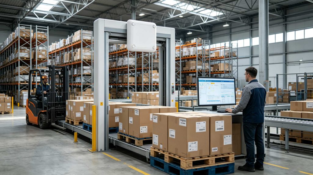 Cykeo UHF RFID reader installed in a European warehouse for automatic inventory tracking