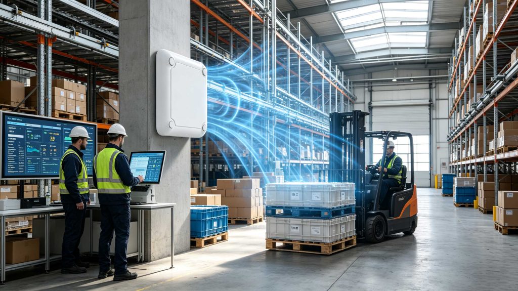 What is the RFID: Complete Guide to Radio Frequency Identification Technology 2 Cykeo RFID reader tracking tagged products in a European automated warehouse