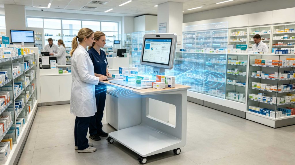 RFID checkout platform used for medicine and product identification in a European pharmacy environment