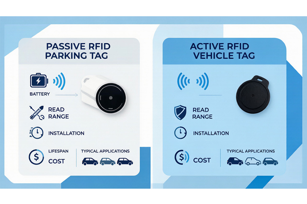 RFID Parking Tags Explained: The Tag You Choose Can Matter More Than the Reader 2 Comparison infographic between passive and active RFID vehicle tags including reading distance, lifespan, battery and application scenarios