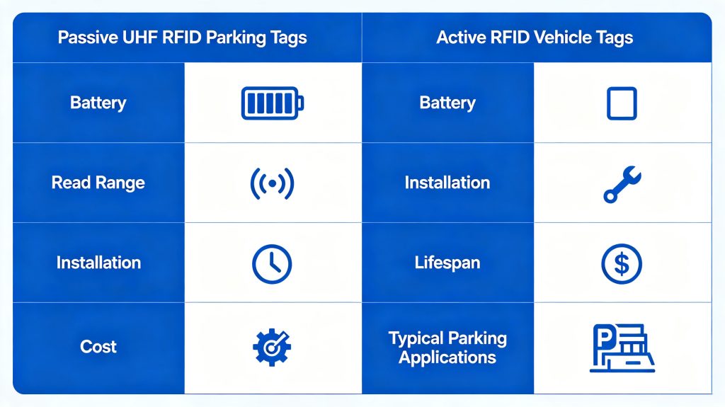 RFID Parking Tags Explained: The Tag You Choose Can Matter More Than the Reader 1 Comparison infographic between passive and active RFID vehicle tags including reading distance, lifespan, battery and application scenarios