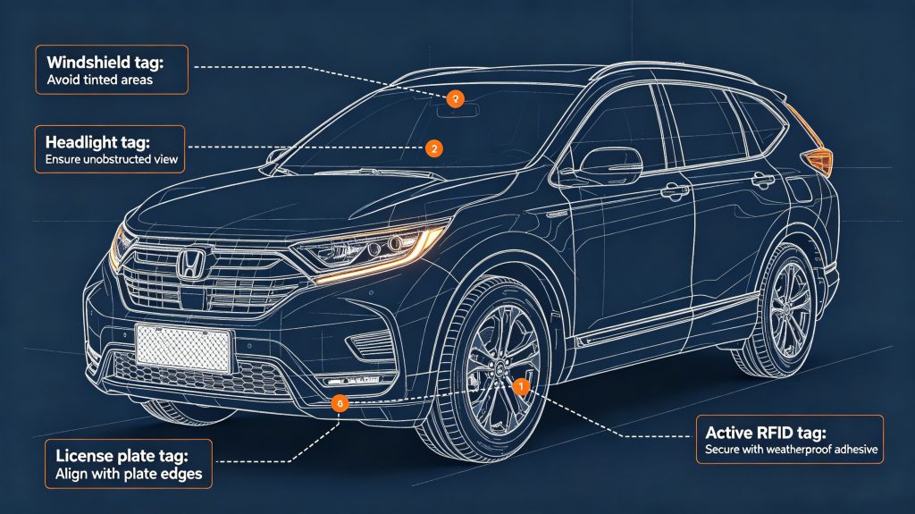 Which RFID Parking Tag Should You Choose? A Practical Comparison for Parking System Integrators 1 Correct installation positions for different RFID vehicle tags on passenger vehicles.