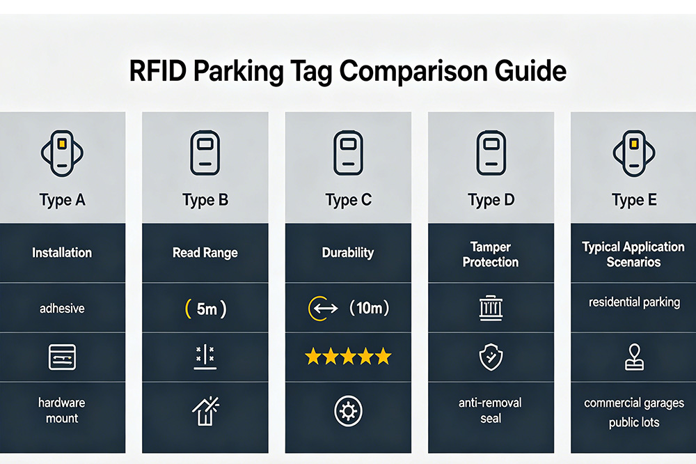 Which RFID Parking Tag Should You Choose? A Practical Comparison for Parking System Integrators 2 Comparison chart of RFID parking tag types by read distance, lifespan, installation method, cost and tamper resistance.