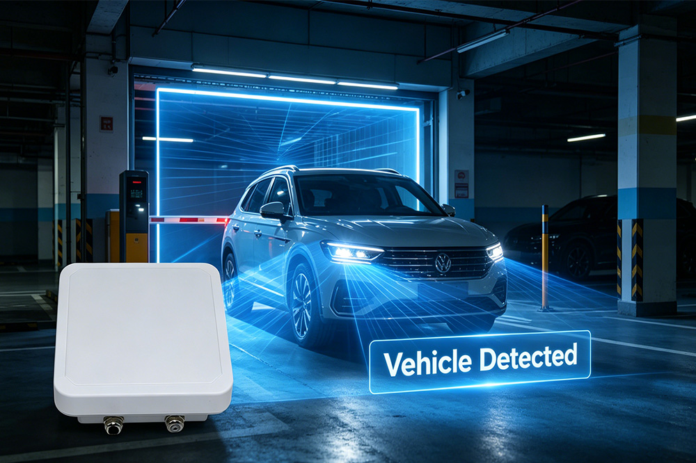 How Far Can Long Range RFID Reader Read? 2 Long range RFID reader identifying vehicles at a parking entrance.