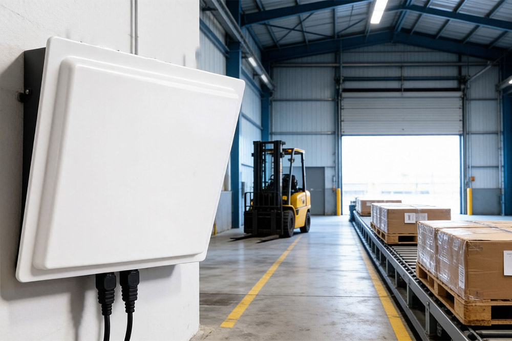 How to Choose Long Range RFID Reader 1 RFID reader installed at warehouse dock door for pallet tracking