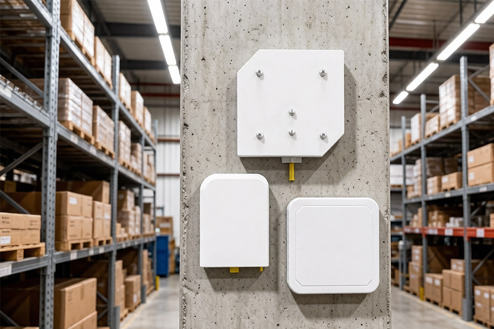 Long Range RFID Reader Buying Guide: How System Integrators Actually Choose the Right RFID Solution 3 Comparison-style industrial scene showing different RFID antenna types installed in warehouse environment