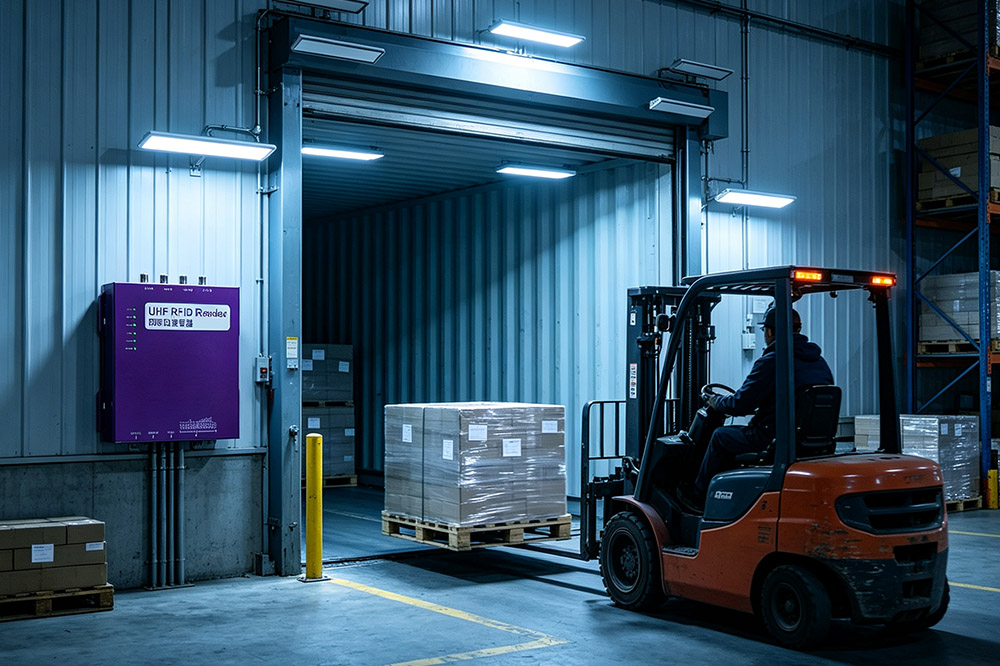 Fixed RFID reader with antennas installed at warehouse dock door for pallet tracking automation