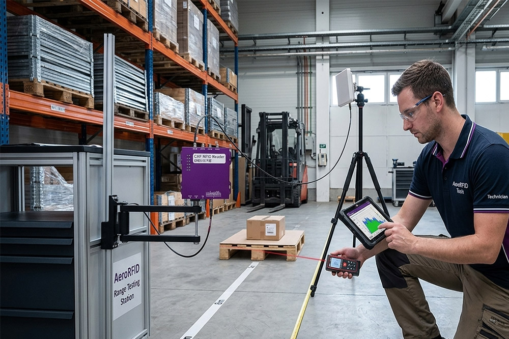 How Far Can a Long Range RFID Reader Read? Real Factors That Affect RFID Read Distance 1 Engineer testing UHF RFID reader read distance and antenna performance in warehouse