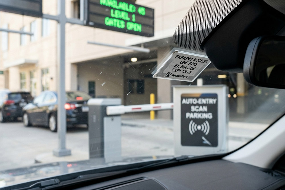 Long Range RFID Reader for Parking: What Integrators Need to Know Before Installation 2 Windshield RFID tag installed inside vehicle for automatic parking access