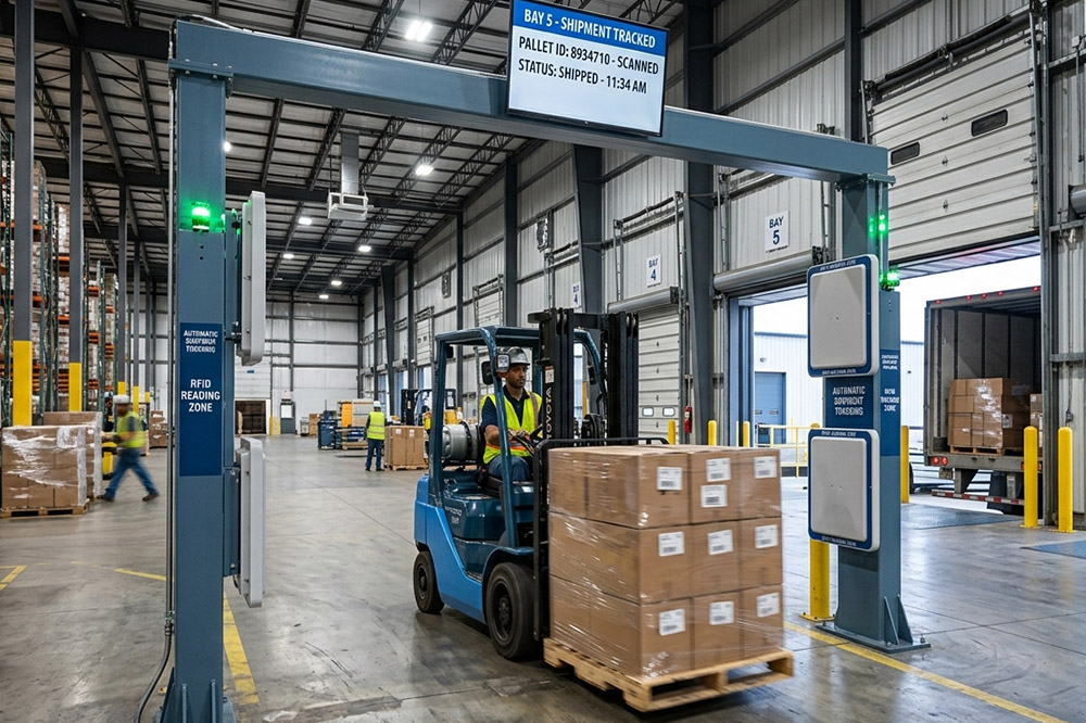 Long Range RFID Reader for Warehouse: What Actually Matters in Real Operations 2 RFID dock door reader automatically tracking pallets during warehouse shipping
