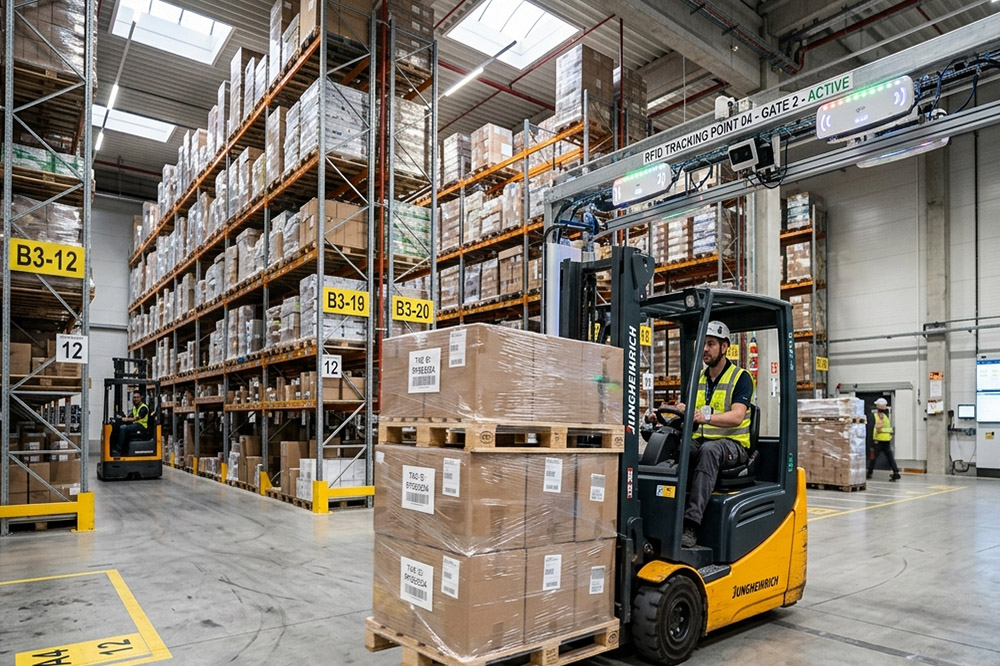 Long Range RFID Reader for Warehouse: What Actually Matters in Real Operations 3 Forklift moving RFID tagged pallets inside automated warehouse tracking system