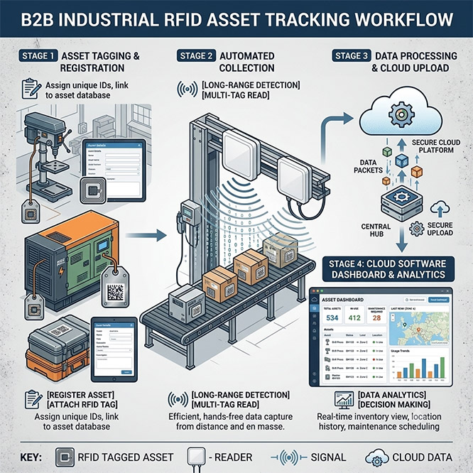 RFID asset tracking workflow with long range RFID reader and management software