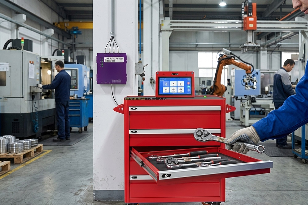 Long range RFID reader tracking manufacturing tools and equipment