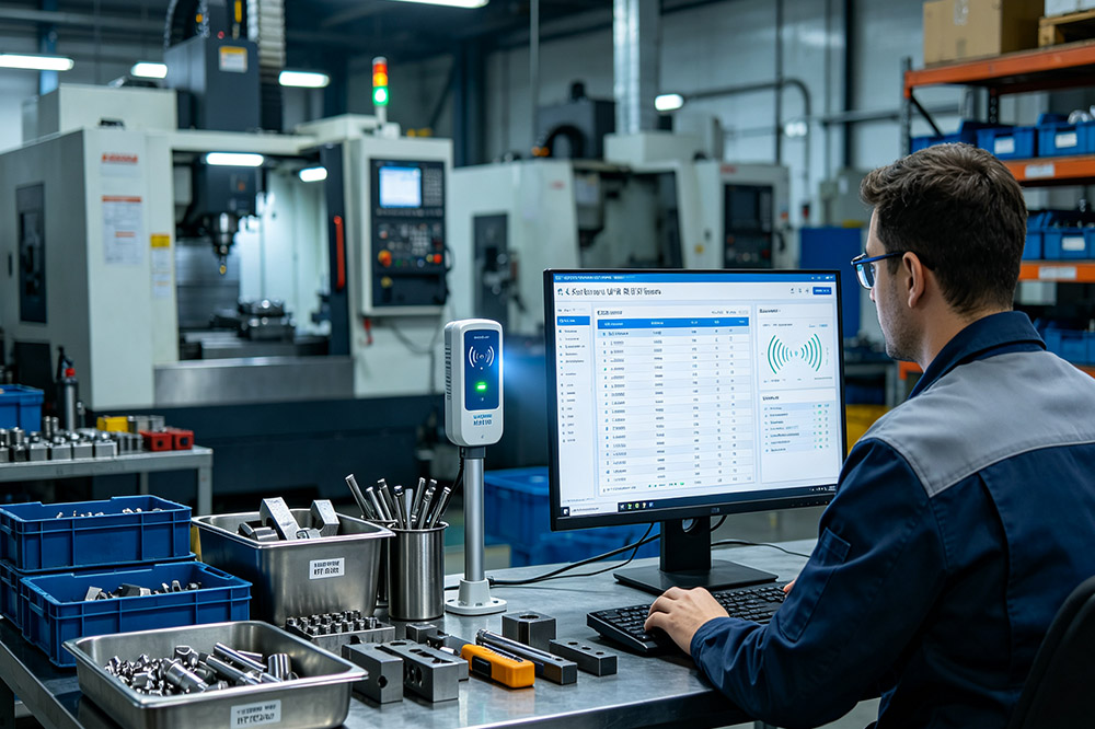 Long range RFID reader scanning on-metal RFID tags in industrial asset tracking