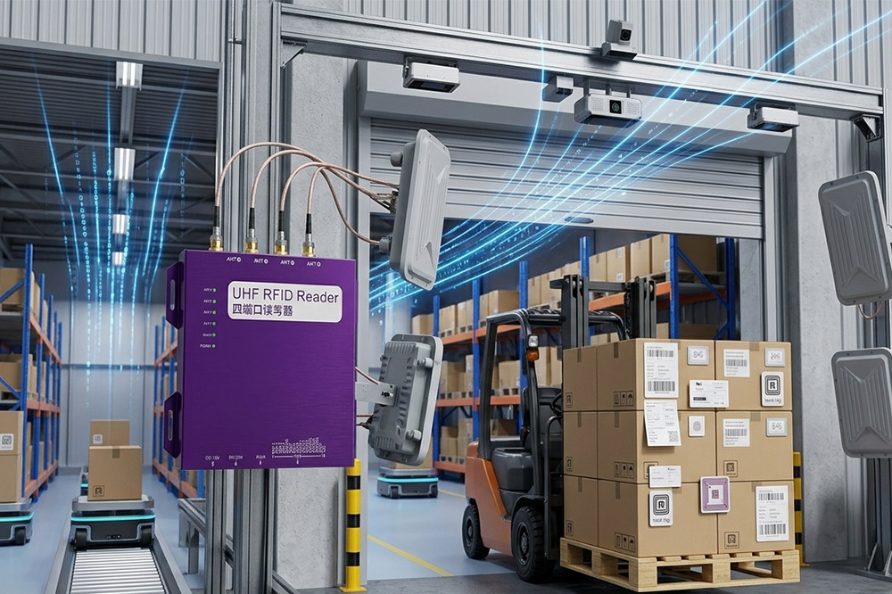 Four port fixed RFID reader for warehouse automation