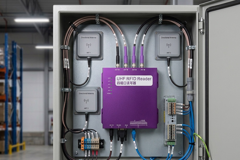 Four-port RFID reader connected to four external antennas