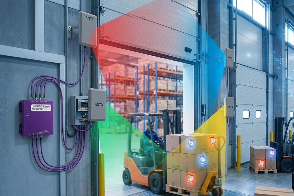 Four RFID antennas covering separate warehouse reading zones