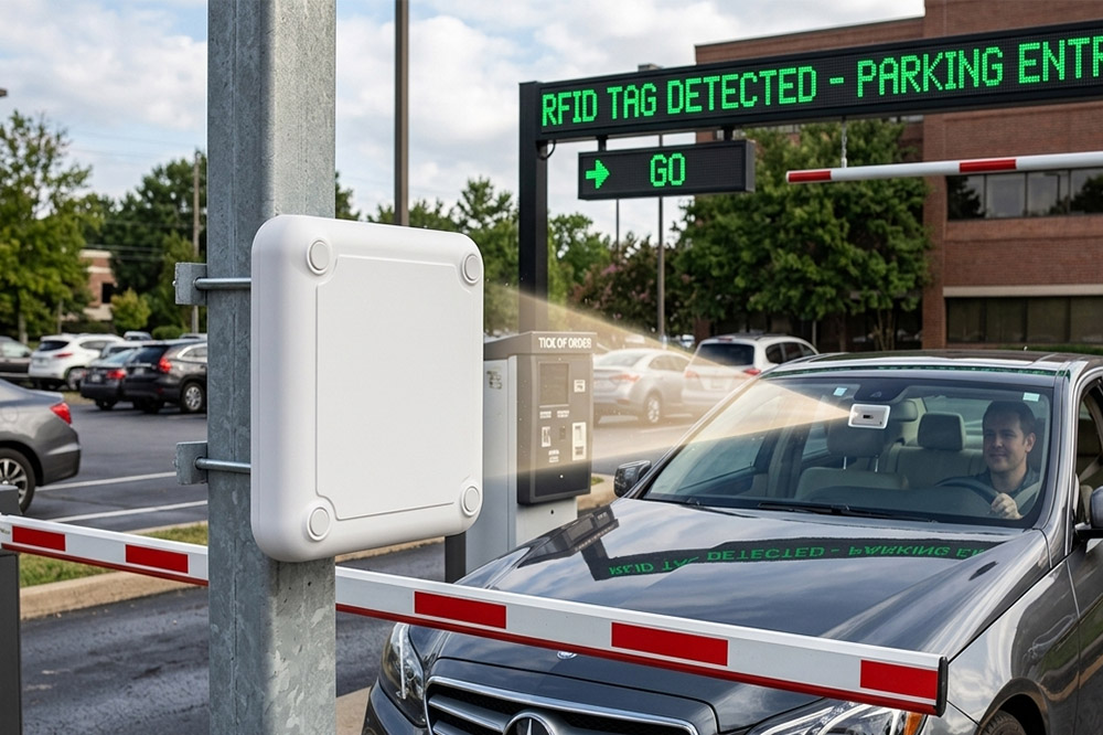 What's the Best RFID Reader for Parking? It Depends on Your Entrance, Not Just the Reading Distance 1 Long range RFID parking reader identifying a vehicle at the entrance