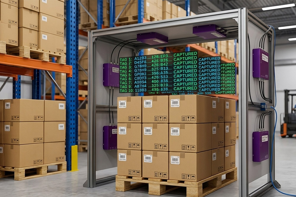 How Many Tags Can RFID Read at Once? It's Usually More Than You Think 1 RFID reader scanning multiple RFID tagged cartons on a pallet
