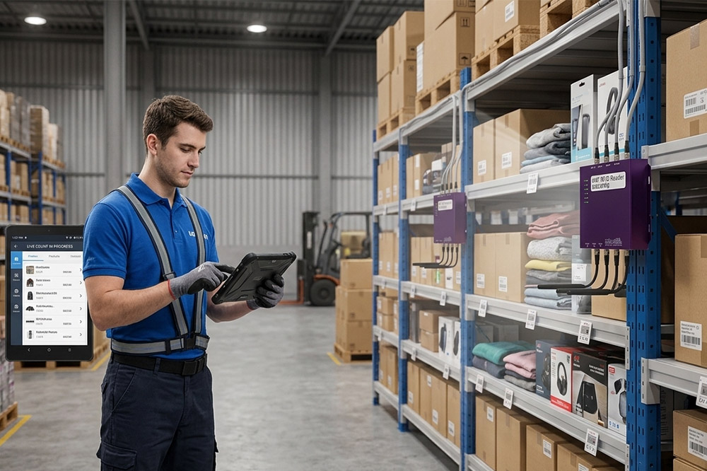 How Many Tags Can RFID Read at Once? It's Usually More Than You Think 2 RFID inventory system reading multiple tagged products in a warehouse
